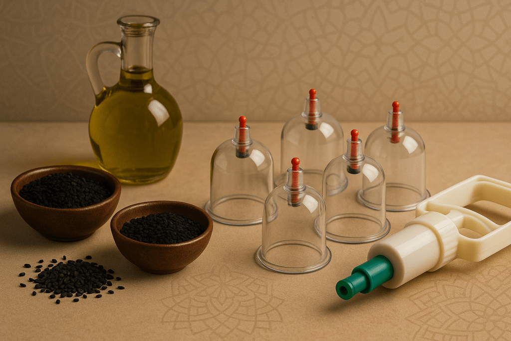 An arrangement of hijama cups, a bottle of oil, and bowls of black seeds on a decorative surface, illustrating Islamic cupping therapy tools.
