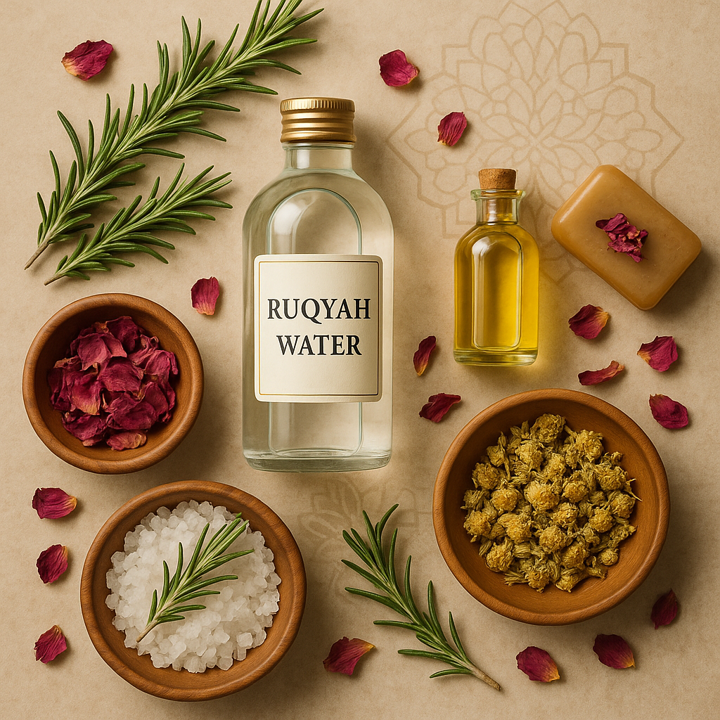 An arrangement of Ruqyah water, herbal ingredients, and bath essentials, including rose petals, a small bottle of oil, and sea salt, on a decorative background.