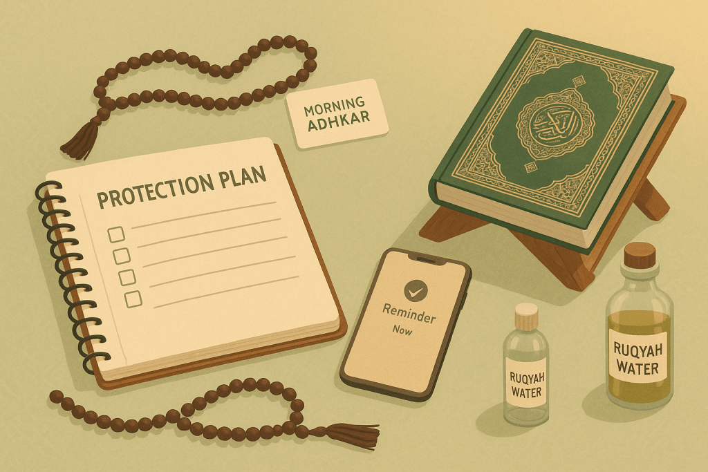 An illustration depicting a protection plan related to spiritual practices, featuring a notebook with 'PROTECTION PLAN' written on it, a prayer beads, a smartphone showing a reminder, a Qur'an on a stand, and bottles labeled 'RUQYAH WATER'.